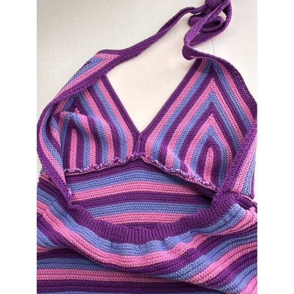 Wild Fable Striped Knit Halter Dress V-Neck Open Back Crochet Boho Rainbow Retro - Picture 11 of 14